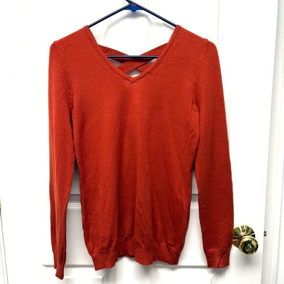 Love Ellie Sweater, Burnt Orange V Neck, Cris Cross Straps, Long Sleeve, Size XS - Picture 1 of 9